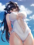  arms_behind_back azur_lane black_hair blue_sky bow breasts brown_eyes cameltoe casual_one-piece_swimsuit chaou cloud commentary_request cowboy_shot criss-cross_halter day from_below hair_bow hair_flaps halterneck large_breasts long_hair navel one-piece_swimsuit outdoors ponytail see-through sky solo swimsuit takao_(azur_lane) white_bow white_swimsuit 