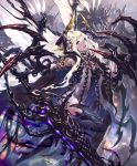  1girl :d animal artist_request bug carapace claws cloak cygames feathered_wings fly giant_insect gold_trim hair_ornament holding holding_sword holding_weapon horns huge_weapon insect leg_lift long_hair looking_at_viewer official_art open_mouth oversized_animal purple_eyes shadowverse smile sword thighhighs very_long_hair weapon white_hair wings zebet_lady_of_the_flies 