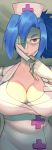  1girl blue_hair breasts cleavage eyepatch hat highres large_breasts looking_at_viewer nurse_cap ponytail red_cross red_eyes skullgirls solo surgical_mask valentine_(skullgirls) 