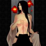  1girl black_hair bleach breasts censor_hair covering covering_breasts flower hair_censor hair_down hakama haori japanese_clothes ktsis large_breasts long_hair retsu_unohana scar solo topless undressing unohana_retsu very_long_hair 