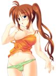  breast_slip breasts brown_hair colorized highres iga_tamaki large_breasts long_hair lyrical_nanoha mahou_shoujo_lyrical_nanoha_strikers nipples one_breast_out orange_shirt panties panty_pull purple_eyes shirt shirt_pull side_ponytail solo takamachi_nanoha tank_top underwear 