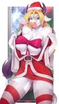  anthro bovine breasts cattle christmas clothing female hat holidays horn knight_dd legwear looking_at_viewer mammal santa_hat smile solo standing thick_thighs thigh_highs 