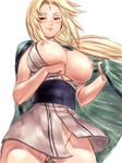  blonde_hair blush bottomless breasts brown_eyes cleavage closed_mouth drunk fumio_(rsqkr) huge_breasts long_hair naruto naruto_(series) nipples no_panties open_clothes open_shirt red_eyes shirt sketch smile solo tsunade 