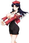  :p beret black_hair blue_hair breasts breasts_outside brown_eyes cross feet_out_of_frame hat highres jewelry katsuragi_misato konkitto large_breasts long_hair necklace neon_genesis_evangelion nipples no_bra open_clothes open_shirt purple_hair shirt solo stretch tongue tongue_out uniform unzipped 