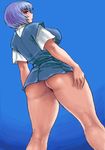  ass ayanami_rei blue_background blue_hair curvy from_behind huge_ass looking_back lowres matoyama neon_genesis_evangelion no_panties oekaki red_eyes school_uniform short_hair solo upskirt 