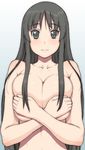  akiyama_mio bangs black_eyes black_hair blush breast_hold breast_squeeze breasts closed_mouth collarbone covering covering_breasts deep_skin hair_over_breasts highres hijiri_rei huge_breasts k-on! long_hair looking_at_viewer nude sidelocks solo straight_hair upper_body 