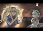  2girls absurdres alternate_universe backlighting blonde_hair blue_hair blue_shirt commentary crossover dark_sky double_bun eating enemy_lifebuoy_(kantai_collection) eye_of_sauron fantasy gambier_bay_(kantai_collection) hair_ornament hat highres holding jewelry kantai_collection letterboxed lord_of_the_rings miniskirt mordor multiple_girls outdoors parody pleated_skirt pointing ring samuel_b._roberts_(kantai_collection) shaded_face shirt short_sleeves skirt suke_(share_koube) the_one_ring tied_shirt tower twintails volcano wavy_mouth 