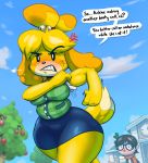  2018 anger_vein angry animal_crossing anthro blonde_hair canine clenched_teeth clothed clothing conditional_dnp dialogue dog duo english_text female hair human isabelle_(animal_crossing) mammal nintendo shih_tzu short_stack solo_focus teckworks teeth text thick_thighs video_games 