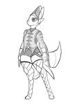  ambiguous_gender anthro avian clothed clothing eyebrows eyelashes feathers full-length_portrait fully_clothed greyscale hat laefa_padlo legwear line_art monochrome portrait qualzar scorchen simple_background solo standing tail_feathers vest white_background wide_hips 