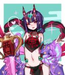  1girl :d bare_shoulders blue_background commentary contrapposto english_commentary eyebrows_visible_through_hair fangs fate/grand_order fate_(series) flat_chest glint headpiece heart horns japanese_clothes kimono looking_at_viewer off_shoulder open_mouth pelvic_curtain purple_eyes purple_hair purple_kimono shuten_douji_(halloween)_(fate) sketch smile solo standing terupancake twitter_username 