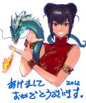  2012 :d akeome bare_shoulders black_hair breasts breathing_fire brown_eyes china_dress chinese_clothes chinese_zodiac commentary_request copyright_request double_bun dragon dress eastern_dragon fire hands_up happy_new_year large_breasts looking_at_viewer new_year open_mouth red_dress short_hair simple_background smile solo tetsu_(kimuchi) white_background wristband year_of_the_dragon 