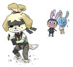  2015 animal_crossing anthro bandanna canine clipboard clothed clothing crossover dog eye_patch eyewear female frown fur isabelle_(animal_crossing) konami lagomorph mammal metal_gear mitogenesis naked_snake nintendo paws pen rabbit shih_tzu simple_background video_games white_background yellow_fur 