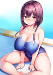  1girl breasts brown_eyes brown_hair cleavage collar curvy female glasses huge_breasts long_hair looking_at_viewer one-piece_swimsuit original shiny shiny_hair shiny_skin sitting solo swimsuit thick_thighs thighs tsukumiya_amane water 