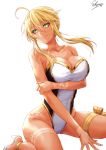  ahoge artoria_pendragon_(all) artoria_pendragon_(lancer) bangs bare_shoulders bikini_tan braid breasts cleavage closed_mouth commentary_request covered_navel eyelashes fate/grand_order fate_(series) french_braid green_eyes hair_between_eyes high_heels highres hips large_breasts long_hair looking_at_viewer one-piece_swimsuit sakiyamama sandals sidelocks simple_background sitting smile solo swept_bangs swimsuit tan tanline thigh_strap thighs two-tone_swimsuit wariza white_background white_swimsuit 
