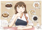  akagi_(kantai_collection) brown_eyes brown_hair drooling eyebrows_visible_through_hair food highres hungry japanese_clothes kantai_collection long_hair muneate nagumo_(nagumon) pasta pizza restaurant sitting solo spaghetti steak straight_hair tasuki translated upper_body 