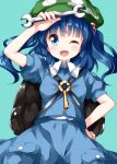  ;d aqua_background arm_up backpack bag bangs blue_eyes blue_hair blue_shirt blue_skirt blush breasts cabbie_hat commentary_request cowboy_shot eyebrows_visible_through_hair green_hat hair_bobbles hair_ornament hand_on_hip hat highres holding holding_wrench kawashiro_nitori key long_hair looking_at_viewer one_eye_closed open_mouth pocket puffy_short_sleeves puffy_sleeves ruu_(tksymkw) shirt short_sleeves simple_background skirt small_breasts smile solo touhou two_side_up wing_collar wrench 