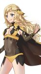  blonde_hair blue_eyes breasts cape center_opening circlet cleavage closed_mouth commentary covered_navel fire_emblem fire_emblem_if highres hraaat long_hair ophelia_(fire_emblem_if) simple_background small_breasts smile solo white_background 