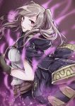  aiueo1234853 aura belt brown_gloves commentary_request dark_aura female_my_unit_(fire_emblem:_kakusei) fire_emblem fire_emblem:_kakusei fire_emblem_heroes from_side gimurei gloves grey_hair highres looking_to_the_side my_unit_(fire_emblem:_kakusei) open_clothes open_robe parted_lips red_eyes robe solo twintails 