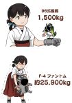  &gt;_&lt; 2koma a5m bangs blue_ribbon brown_eyes brown_hair comic commentary dougi f-4_phantom_ii folded_ponytail full_body hair_ribbon hakama hakama_skirt heavy highres japanese_clothes kantai_collection kasuga_maru_(kantai_collection) long_hair looking_at_another nishinishi_(nagareboshi) red_hakama ribbon simple_background smile solo swept_bangs tareme translated trembling upper_body white_background 