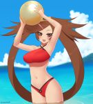  :d armpits arms_up artist_name ball beach beachball bikini blue_sky blush breasts brown_eyes brown_hair cloud cowboy_shot day guilty_gear guilty_gear_xrd hair_ornament hairclip halter_top halterneck kuradoberi_jam kuroonehalf long_hair medium_breasts navel ocean open_mouth outdoors red_bikini sky smile solo summer swimsuit twintails very_long_hair wading 