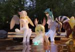  2018 3d_(artwork) anthro ashnar blonde_hair breasts brown_hair butt carret digital_media_(artwork) feathered_wings feathers female fur green_eyes green_hair grey_fur group hair horn jackalope lagomorph looking_back mammal navel nipples nude opal_(ashnar) outside partially_submerged phina_(ashnar) procyonid pussy raccoon rear_view red_eyes sam_(ashnar) sasha_(ashnar) skinny_dipping sphinx wet wings 