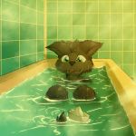  2018 bath bathing bathtub black_fur blue_eyes canine cub dakka dakkawolf fangs fur male mammal open_mouth paper_boat sitting water wolf young 