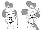  2018 animal_crossing anthro assisted_exposure bikini blush canine clothing collar comic disembodied_hand dog duo female flat_chested gaturo hi_res isabelle_(animal_crossing) mammal monochrome nintendo nipples open_mouth paws pussy shih_tzu smile surprise swimsuit undressing video_games walking_leash 