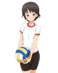  ball bangs bike_shorts black_shorts blush brown_eyes brown_hair closed_mouth commentary cowboy_shot girls_und_panzer gym_shirt gym_uniform holding holding_ball isobe_noriko looking_at_viewer no_socks shirt short_hair short_shorts short_sleeves shorts simple_background smile solo standing t-shirt thigh_gap uasi volleyball white_background white_shirt 