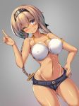  braid breasts dark_skin denim denim_shorts grey_background grey_eyes hair_ornament heart heart-shaped_pupils highres kantai_collection large_breasts light_brown_hair long_hair looking_at_viewer midriff navel one_eye_closed propeller_hair_ornament shorts simple_background symbol-shaped_pupils tan teruzuki_(kantai_collection) tongue tongue_out torisan twin_braids white_bikini_bottom white_bikini_top 