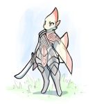  ambiguous_gender anthro armor avian cel_shading chibi clothed clothing eyebrows feather_hair feathers front_view full-length_portrait fully_clothed grass hair holding_object holding_weapon laefa_padlo legwear loincloth markings melee_weapon portrait qualzar red_markings scorchen shadow short_hair simple_background solo standing sword tail_feathers weapon white_background winged_arms wings 