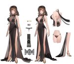  ahoge alternate_costume armlet bangs bare_shoulders black_dress black_panties blunt_bangs blush breasts brown_hair choker cleavage closed_mouth dress dsr-50_(girls_frontline) earrings eyebrows_visible_through_hair girls_frontline gold_footwear hair_ornament high_heels highres jewelry lace lace_panties large_breasts liduke lingerie long_hair looking_at_viewer multiple_views no_bra official_art panties pendant red_eyes ruby_(stone) see-through sidelocks simple_background smile thighlet thighs turnaround underwear variations very_long_hair white_background 