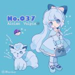  1girl alolan_form alolan_vulpix aqua_background aqua_eyes bag bangs blue_bag blue_bow blue_dress blue_footwear blue_legwear bow character_name creatures_(company) dress english full_body game_freak gloves hair_bow head_tilt highres holding holding_bag light_blue_hair long_hair long_sleeves mameeekueya moemon nintendo one_eye_closed open_mouth personification pink_bow poke_ball pokemon pokemon_(creature) pokemon_number polka_dot polka_dot_legwear shoe_bow shoes simple_background standing twitter_username very_long_hair 