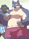  2015 anthro ayame42612 bear black_fur blush bulge clothing duo eating food fur hot_dog kemono male mammal moobs nipples overweight overweight_male underwear 