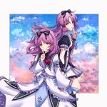  ascot breasts cloud cloudy_sky dress dual_persona eiyuu_densetsu finger_to_mouth frilled_dress frills hair_ribbon jacket long_hair long_sleeves miniskirt multiple_girls neck_ribbon orange_eyes pleated_skirt purple_hair renne ribbon sen_no_kiseki_4 shirt short_hair short_sleeves skirt sky small_breasts soha_ez sora_no_kiseki time_paradox white_dress wide_sleeves 