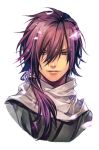  1boy androgynous blue_eyes hair_between_eyes hair_over_shoulder hakuouki_shinsengumi_kitan hankuri looking_at_viewer low_ponytail male_focus ponytail purple_hair saitou_hajime_(hakuouki) scarf simple_background smile solo upper_body white_background white_scarf 