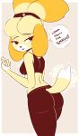  2018 4_fingers animal_crossing anthro bedroom_eyes breasts butt canine dialogue dog english_text female fur half-closed_eyes hi_res isabelle_(animal_crossing) looking_back mammal nintendo open_mouth raydio rear_view seductive shih_tzu solo tailwag text video_games yellow_fur yoga_pants 