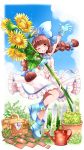  ;d arm_up blue_bow blue_footwear blue_gloves blue_sky blush bow braid brick brown_eyes brown_hair cloud day dorothy_(teria_saga) dress fence flower gloves hair_bow highres kawanobe long_hair looking_at_viewer one_eye_closed open_mouth outdoors picnic_basket plant potted_plant sky smile solo standing summer sundress sunflower teria_saga twin_braids twintails watering_can white_dress 