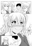  ... 1boy 1girl bangs blush closed_eyes comic commentary covering_face embarrassed finger_to_cheek full-face_blush greyscale hands_on_own_face highres kantai_collection kashima_(kantai_collection) monochrome robba-san_(wangphing) shaking_head spoken_ellipsis staring sweat tears trembling twintails wangphing 