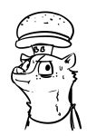  2018 anthro apron badger black_and_white bust_portrait cheek_tuft clothed clothing disney english_text fan_character fuel_(artist) hat looking_at_viewer male mammal monochrome mustelid pack_street portrait simple_background solo sweat sweatdrop t_rex_(weaver) text tuft white_background zootopia 