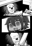  1girl :d chaldea_uniform clown comic commentary_request crossover fate/grand_order fate_(series) fujimaru_ritsuka_(female) greyscale grin hair_ornament hair_scrunchie it_(stephen_king) jacket monochrome open_mouth parody pennywise riyo_(lyomsnpmp)_(style) role_reversal scrunchie side_ponytail smile storm_drain style_parody sweat sweating_profusely takuteks ticket translated white_jacket you_gonna_get_raped 