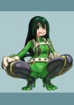  1girl asui_tsuyu black_eyes bodysuit boku_no_hero_academia breasts gloves green_hair long_hair long_tongue medium_breasts neone simple_background solo spread_legs squatting tongue tongue_out 