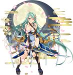  absurdly_long_hair ahoge black_gloves black_legwear blue_eyes blush breasts cleavage earrings elbow_gloves eyebrows_visible_through_hair full_body gloves green_hair heart heart_earrings holding holding_sword holding_weapon jewelry large_breasts long_hair looking_at_viewer murakami_yuichi official_art one_eye_closed oshiro_project oshiro_project_re platform_footwear sheath sheathed smile solo sword thighhighs tokugawa_osaka_(oshiro_project) torn_clothes torn_legwear transparent_background very_long_hair weapon 