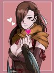  absurdres breasts brown_eyes brown_hair cleavage commentary english_commentary fire_emblem fire_emblem_heroes fire_emblem_if hair_over_one_eye hair_ribbon hand_on_own_chest heart highres kagerou_(fire_emblem_if) large_breasts long_hair looking_away ninja parted_lips pink_background ponytail ribbon scarf signature solo tassel the_kingduke weapon 