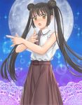  asobi_asobase bangs belt bishoujo_senshi_sailor_moon blush brown_eyes brown_hair collared_shirt cowboy_shot double_bun embarrassed highres honda_hanako long_hair looking_at_viewer moon mutsuki_(moonknives) necktie night night_sky open_mouth parody school_uniform shirt short_sleeves sidelocks skirt sky solo sparkle tsuki_ni_kawatte_oshioki_yo twintails white_shirt 