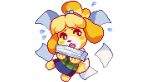  animal_crossing anthro canine clothed clothing clumsy cute digital_media_(artwork) dog female fur ginsengandhoney_(artist) holding_object isabelle_(animal_crossing) mammal nintendo pixel_(artwork) pose shih_tzu simple_background solo standing video_games white_background yellow_fur 