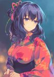  ao_no_kiseki blue_eyes blue_hair breasts eiyuu_densetsu floral_print hair_ribbon hair_rings isa_(peien516) japanese_clothes kimono medium_breasts obi ribbon rixia_mao sash short_hair smile solo upper_body zero_no_kiseki 