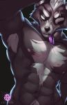  2018 abs anthro armpit_hair black_background body_hair canine chest_hair condom condom_in_mouth eye_patch eyewear front_view fur grey_fur grin looking_at_viewer male mammal muscular muscular_male navel nintendo nipples nude pubes raised_arm reymon_comander seductive simple_background smile solo star_fox teeth video_games wolf_o&#039;donnell 