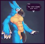  2018 abs anthro avian balls blush breath_of_the_wild feathers kass_(zelda) looking_at_viewer male muscular muscular_male nintendo nipples pecs penis rito simple_background solo sweat text the_legend_of_zelda tongue vein veiny_penis video_games yellow_eyes zackary911 