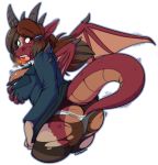  2018 alpha_channel anthro breast_expansion breasts brown_hair butt claws clothing dragon fangs female hair hand_on_breast horn jouleen kdhynamo looking_back open_mouth shocked simple_background solo tail_growth transformation transparent_background underwear wings 