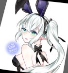  animal_ears backboob bare_back bare_shoulders breasts bunny_ears bunnysuit chuki_(lydia) elf elsword green_eyes highres long_hair looking_back pointy_ears rena_(elsword) ribbon side_ponytail smile white_hair 